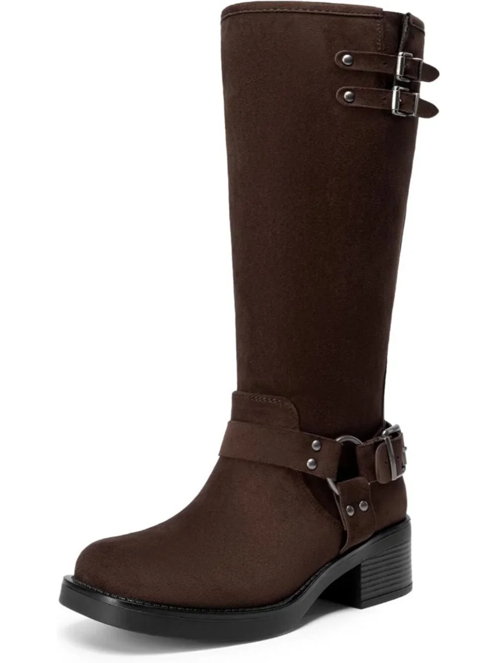 Women's Dark Brown Leather Adjustable Buckles Side Zipper Moto Knee High Boots